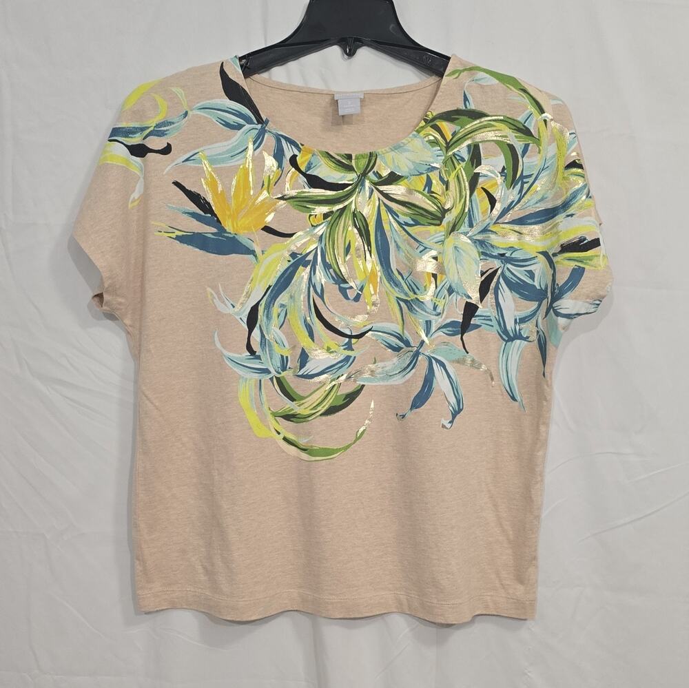 Chico's Womens 2 Lg Beige Multicolor Floral Metallic Knit Supima Modal T-Shirt